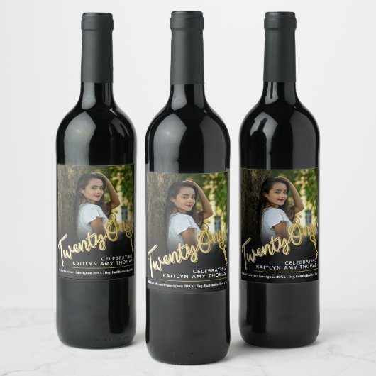 21st Birthday fotoscript gouden effect 21 sleutel Wijn Etiket (Flessen)