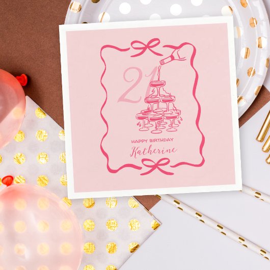 21st Birthday Hand Drawn Pink Champagne Napkins Servet