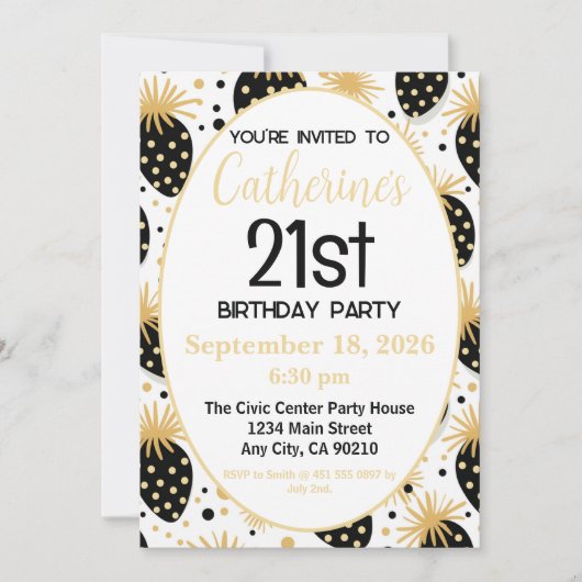 21st Birthday Invitation, Gold & Black Strawberry Kaart (Voorkant)