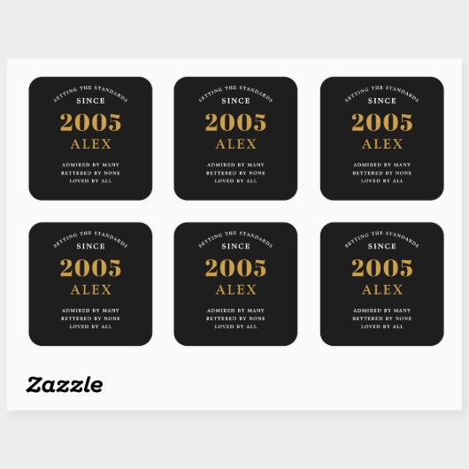 21st Birthday Name 2005 Black Gold Elegant Chic Vierkante Sticker (Vel)