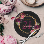 21st birthday party black gold geo floral burgundy papieren bordje<br><div class="desc">A plate for a 21st birthday party. Het is chic black background with a vervalgold geometric frame. Decorated with dark purple and burgundy flowers, roses and boho style feathers. Templates for a name, age 21 and a date. Date of birth or the date of the party. The name is written...</div>