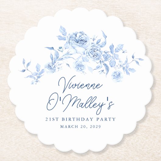 21st Birthday Party Blue Rose Floral Custom Kartonnen Onderzetters (Voorkant)