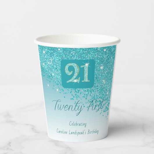 21st Birthday Party Gleaming Teal Blue Glitter Papieren Bekers (Achterkant)