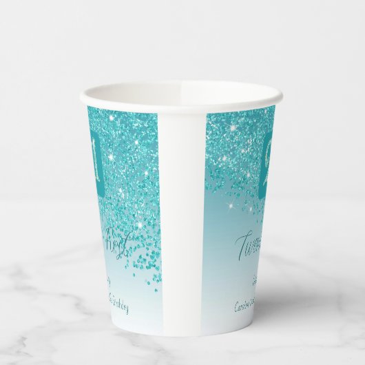 21st Birthday Party Gleaming Teal Blue Glitter Papieren Bekers (Links)