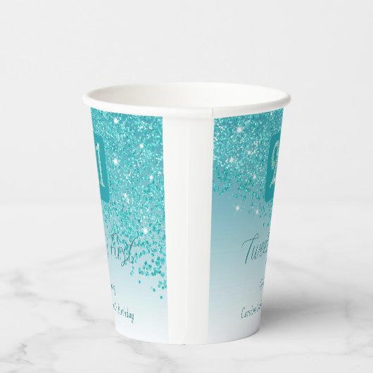 21st Birthday Party Gleaming Teal Blue Glitter Papieren Bekers (Rechts)