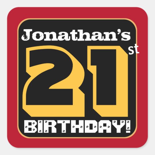 21st Birthday Party Rood Zwart Goud Naam toevoegen Vierkante Sticker (Voorkant)