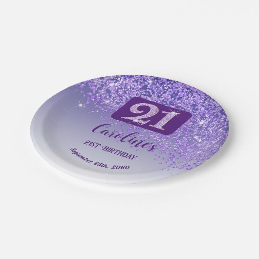 21st Birthday Party Sparkle Purple Glitter Papieren Bordje (Gekanteld)