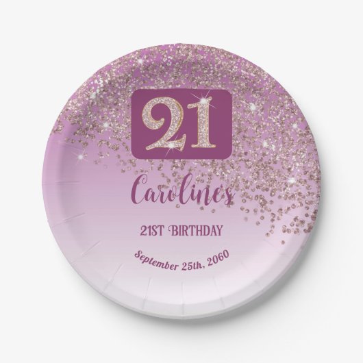 21st Birthday Party Sparkle Rose Gold Glitter Papieren Bordje (Voorkant)