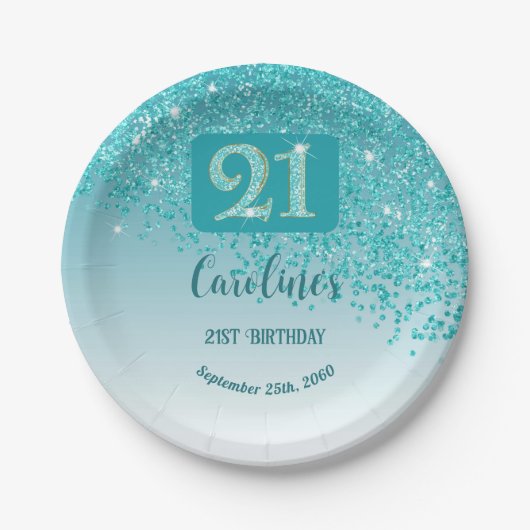 21st Birthday Party Sparkle Teal Blue Glitter Papieren Bordje (Voorkant)