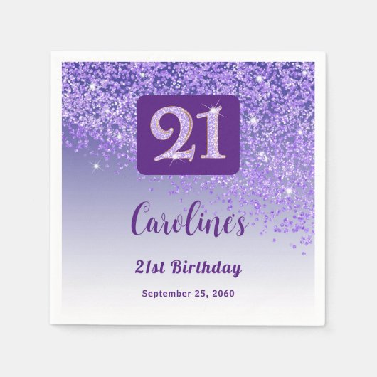 21st Birthday Party Sparkling Purple Glitter Servet (Voorkant)