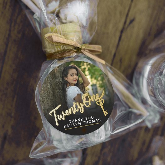 21st Birthday photo script gold effect 21 key Ronde Sticker