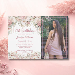 21st birthday pink floral photo budget invitation notitiekaartje