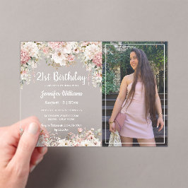 21st birthday pink floral photo party acryl uitnodigingen