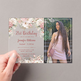 21st birthday pink floral photo party chic acryl uitnodigingen