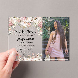 21st birthday pink floral photo party modern acryl uitnodigingen