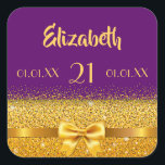 21st birthday purple gold classic elegant name vierkante sticker<br><div class="desc">Elegant,  classic,  glamorous and feminine. A gold colored bow with golden glitter and sparkle,  a bit of bling and luxury for a 21st birthday party. Dark is puur,  violet background. Templates for name,  age 21,  date of birth and date of the verjaarary or party.</div>