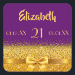 21st birthday purple gold classic elegant name vierkante sticker<br><div class="desc">Elegant,  classic,  glamorous and feminine. A gold colored bow with golden glitter and sparkle,  a bit of bling and luxury for a 21st birthday party. Dark is puur,  violet background. Templates for name,  age 21,  date of birth and date of the verjaarary or party.</div>