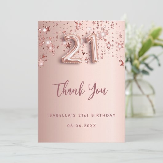 21st Birthday roos Gold Stars Dank u kaart (Staand voorkant)