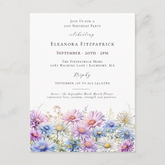 21st Birthday September Birth Month Flower Uitnodiging Briefkaart (Voorkant)