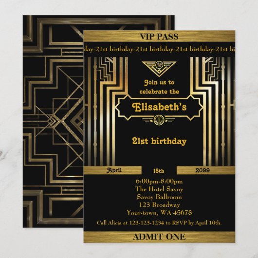 21st, Birthday vrouw 21st, Gatsby, ticket, zwart g Kaart (Voorkant / Achterkant)