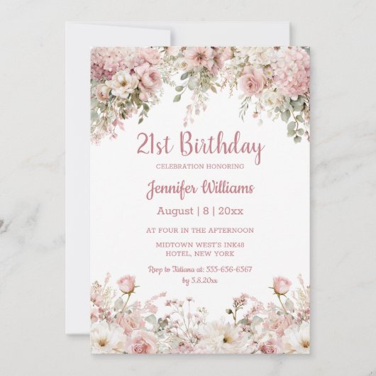  21st birthday watercolor pink floral garden chic kaart (Voorkant)