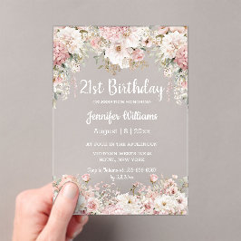 21st birthday watercolor pink floral party acryl uitnodigingen