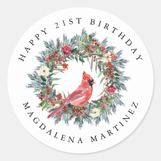 21st Happy Birthday Cardinal Wreath Custom Ronde Sticker (Voorkant)