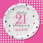 21st Verjaardag 21 fabulous years Voeg Naam polka  Papieren Bordje<br><div class="desc">Aangepaste,  aangepaste 21ste Birthday Paper-Borden die 21 fantastische jaren vieren in coole roze en zwarte scripttypografie.</div>