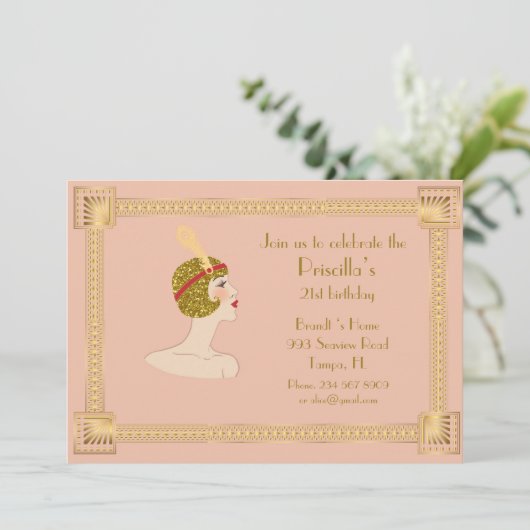 21st, Verjaardag 21st, Gatsby stijl, roze perzik & Kaart (Staand voorkant)