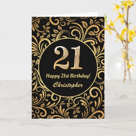 21ste Birthday Black en Gold Floral Pattern Kaart (Gele Bloem)
