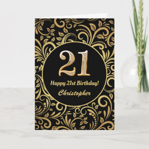 21ste Birthday Black en Gold Floral Pattern Kaart
