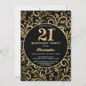 21ste Birthday Black en Gold Floral Pattern Kaart (Voorkant)