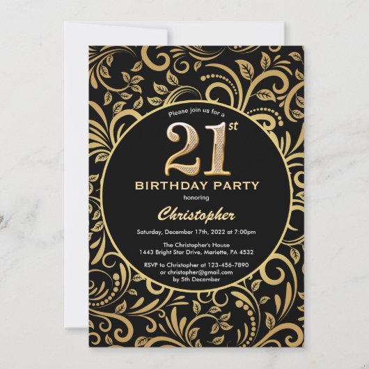 21ste Birthday Black en Gold Floral Pattern Kaart (Voorkant)