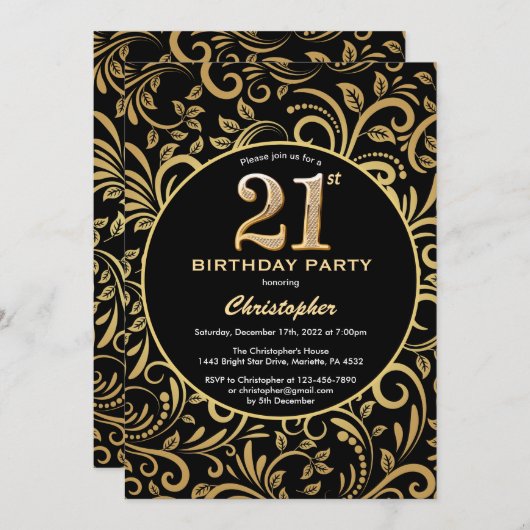 21ste Birthday Black en Gold Floral Pattern Kaart (Voorkant / Achterkant)