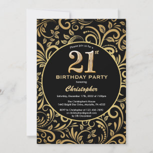 21ste Birthday Black en Gold Floral Pattern Kaart
