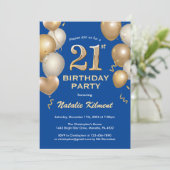 21ste Birthday Blue en Gold Glitter Balloons Kaart (Staand voorkant)