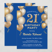 21ste Birthday Blue en Gold Glitter Balloons Kaart (Voorkant / Achterkant)