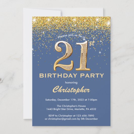 21ste Birthday Blue en Gold Glitter Confetti Kaart (Voorkant)
