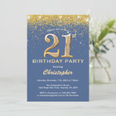 21ste Birthday Blue en Gold Glitter Confetti Kaart (Staand voorkant)