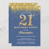 21ste Birthday Blue en Gold Glitter Confetti Kaart (Voorkant / Achterkant)