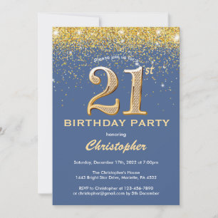 21ste Birthday Blue en Gold Glitter Confetti Kaart