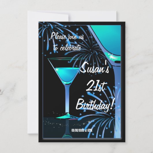 21ste Birthday Blue Martini Cocktail Party Kaart (Voorkant)