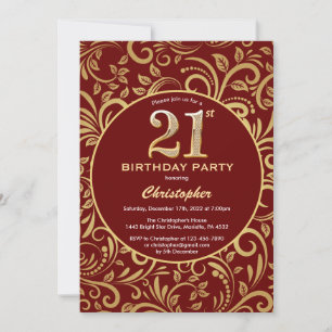 21ste Birthday Burgundy Red en Gold Floral Pattern Kaart