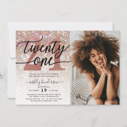 21ste Birthday Champagne Glitter Foto Kaart (Voorkant)