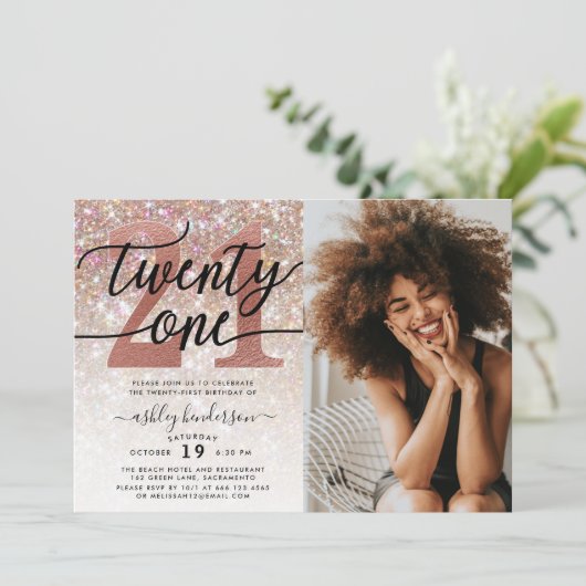 21ste Birthday Champagne Glitter Foto Kaart (Staand voorkant)