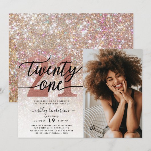 21ste Birthday Champagne Glitter Foto Kaart (Voorkant / Achterkant)