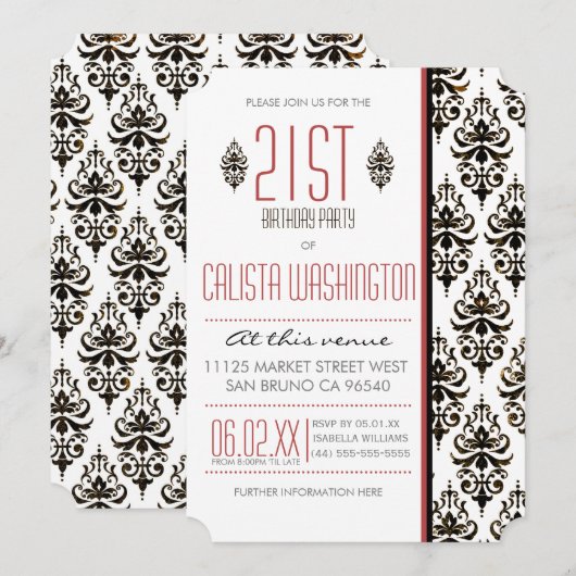 21ste Birthday Party - Burnt Damask Kaart (Voorkant / Achterkant)