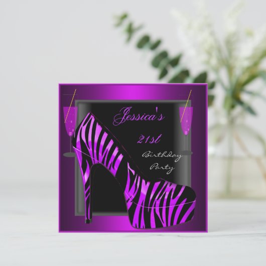 21ste Birthday Party Shoe Paars Black Zebra Kaart (Staand voorkant)