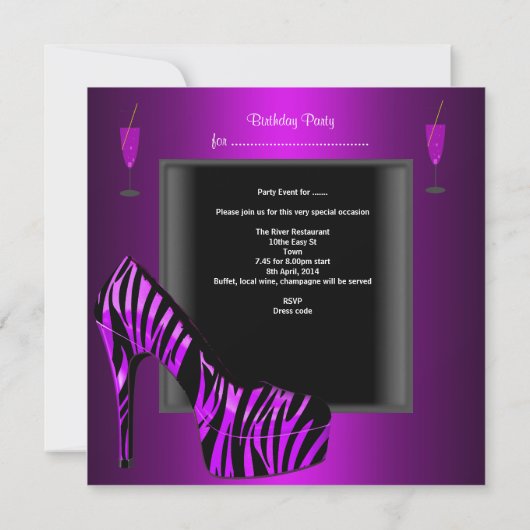 21ste Birthday Party Shoe Paars Black Zebra Kaart (Achterkant)