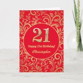 21ste Birthday Red en Gold Floral Pattern Kaart (Voorkant)